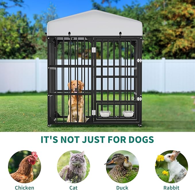 DWVO Outdoor Dog Enclosure with Rotating Feeder Bowls, 4'L x 4'W x 5'H Dog Kennel Outside with Roof, Heavy Duty Dog Cage with UV-Resistant Waterproof Cover for Small Medium Dogs