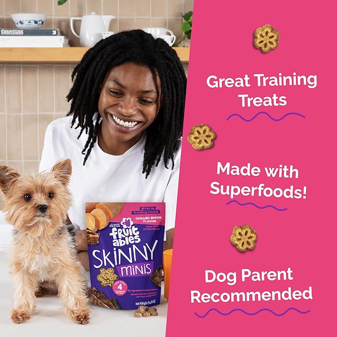 Fruitables Skinny Mini Dog Treats, Healthy Sweet Potato Treat for Dogs, Low Calorie & Delicious, Puppy Training, No Wheat, Corn or Soy, Made in The USA, Grilled Bison Flavor, 12oz