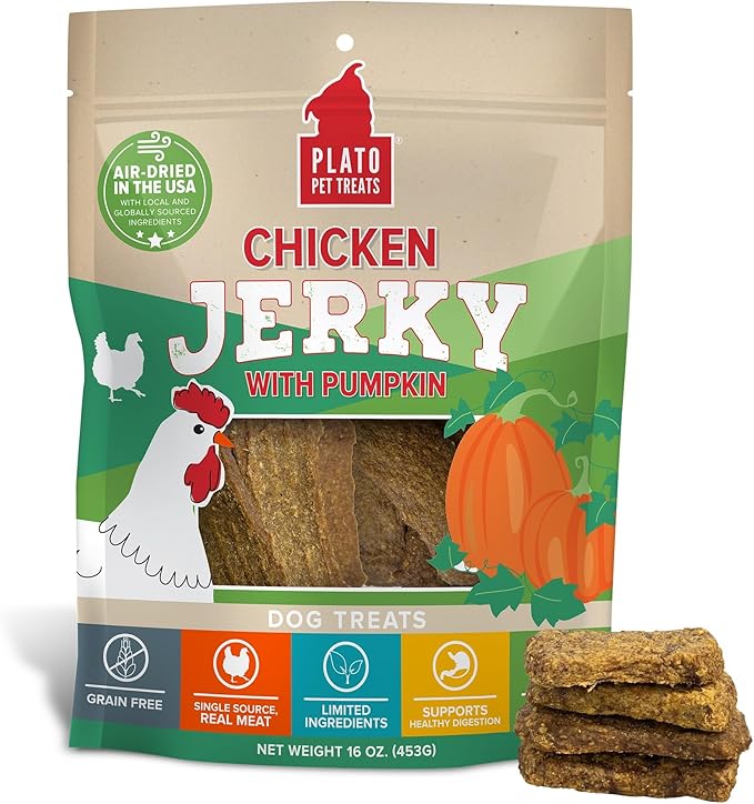 PLATO Pet Treats Jerky Dog Treats - Air-Dried Jerky for Dogs - Delicious, Real Meat Dog Treats - Grain Free - Supports Healthy Digestion - Chicken Jerky with Pumpkin 16oz