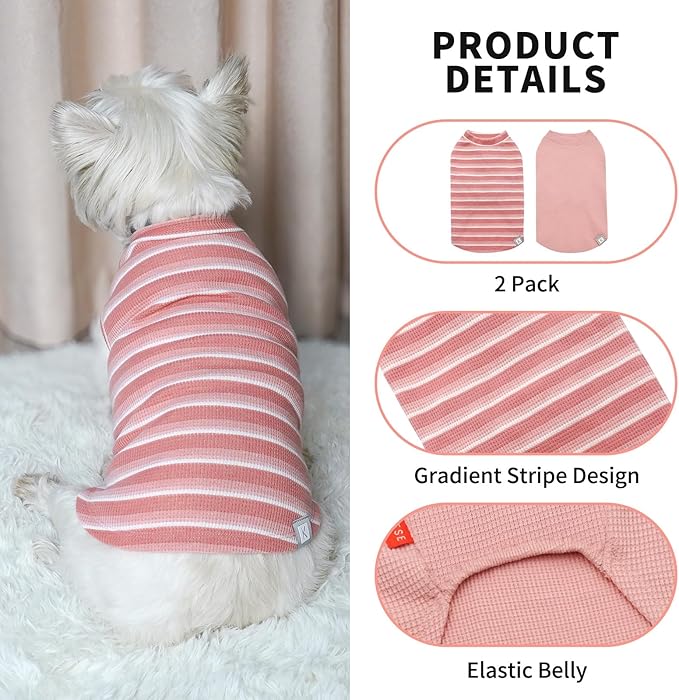 KYEESE 2Pack Waffle Dog Shirts for Small Dogs Stretchy T-Shirts Lightweight Tank Top Sleeveless Striped Vest Breathable Pet Outfit, X-Large, Pink+Striped