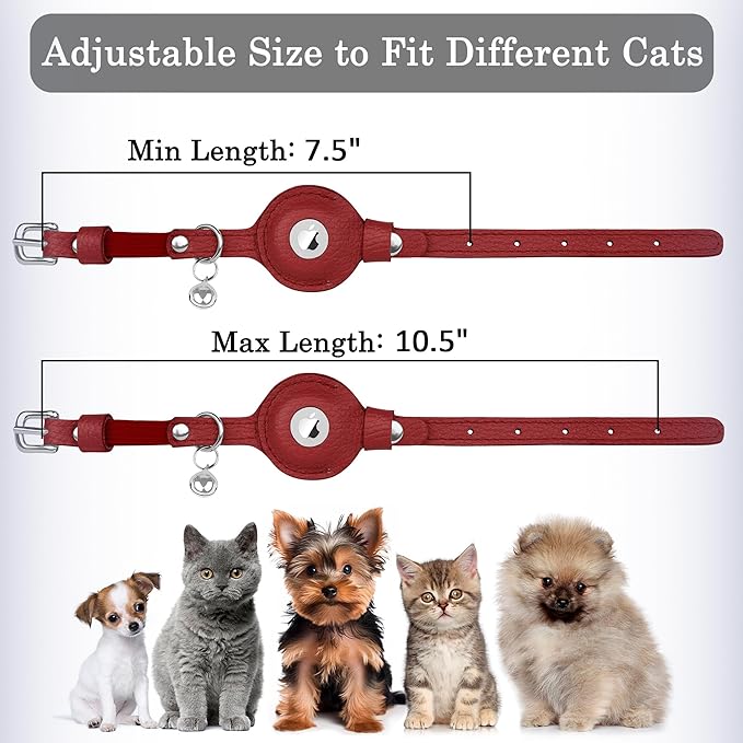 OOPSDOGGY Cat Collar for AirTag Holder, Leather Kitten Collars with Elastic Strap & Bell, Non Breakaway Adjustable Small Pet Collars for Indoor & Outdoor for Boy, Girl (Red)