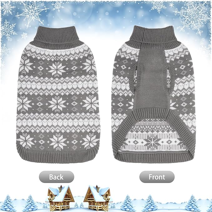 KOOLTAIL Cable Knit Dog Sweater Turtleneck, Cold Weather Pullover Classic Knitwear, Snowflake Pattern Thick Warm Winter Pet Clothes, Dog Christmas Sweater for Small Medium Large Dogs Cats, Grey M