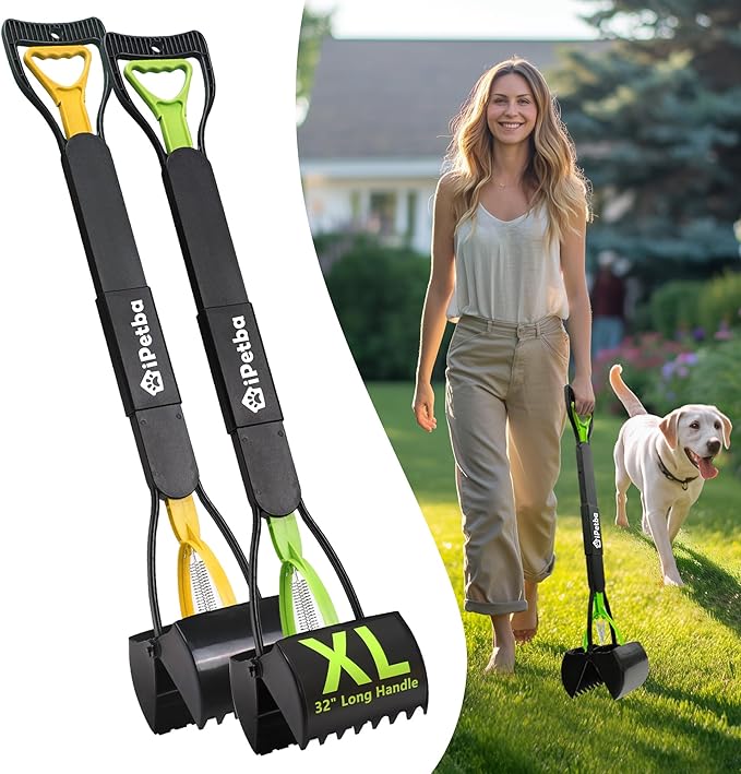 Large Dog Pooper Scooper for Yard - 32" Long Handle, No Bending, Grass-Friendly, Easy to Clean, Durable & Sturdy, 2-Pack