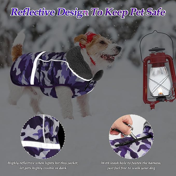 Dogcheer Warm Dog Coat, Waterproof Dog Jacket Christmas Puppy Winter Coat with Buckle, Reflective Adjustable Pet Snow Jacket Turtleneck Fleece Sweater for Small Medium Large Dogs - Camo Purple, M
