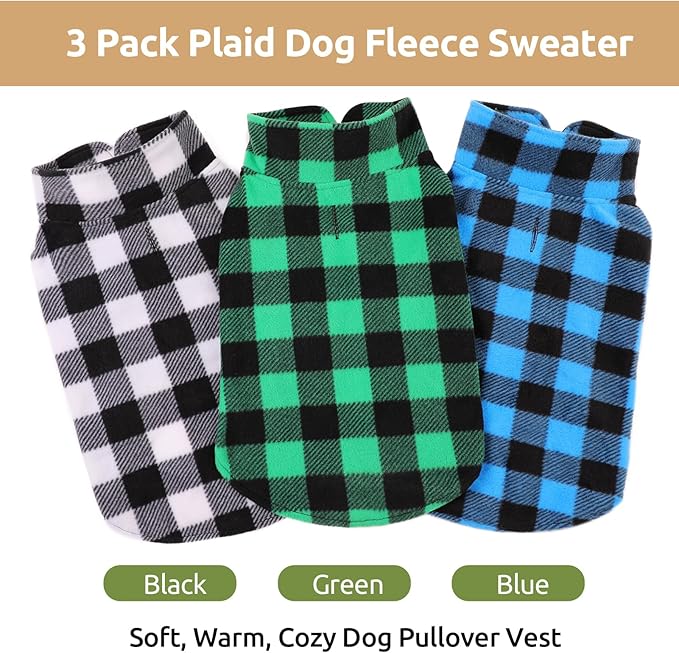 KAMA BRIDAL 3 Pack Spring Autumn Winter Coat Pullover Fleece Vest for Cats Small and Medium Dogs - Thin Sweater Blue Green Black Plaid (M)
