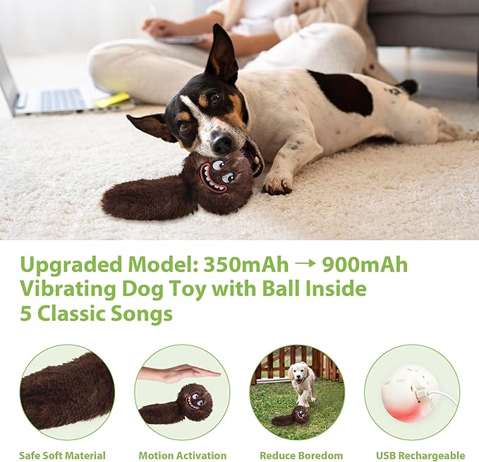 PETGEEK Interactive Squeaky Dog Toy, Upgraded Automatic Moving Vibrating Dog Ball with Plush Cover, 900mAh Rechargeable Bouncing Ball with Recording Music Mode, Crinkle Dog Toy for Pet Boredom, Brown