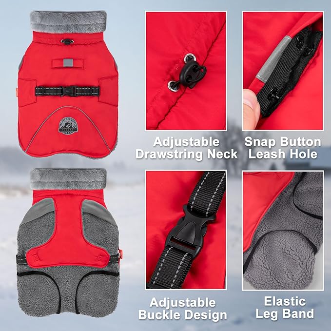 KYEESE Waterproof Dog Coat, Windproof Winter Jacket with Thick Fleece Lining, Extra Warm Turtleneck Dog Coats for Medium Dogs with Leash Hole and Reflective Design, Red, X-Large