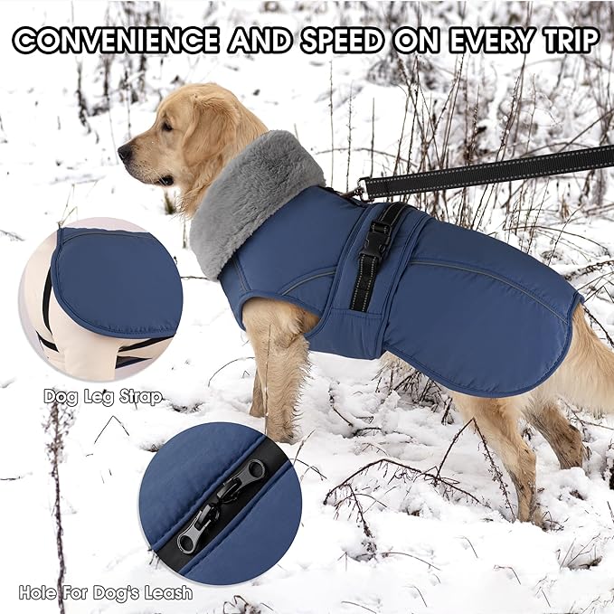 PETDSH Dog Coat Large, Windproof Dog Jacket with Warm Fleece Lining, Thickened Collar Dogs Winter Coat, Adjustable Reflective Pet Coats for Cold Weather (Navy Blue, XX-Large)