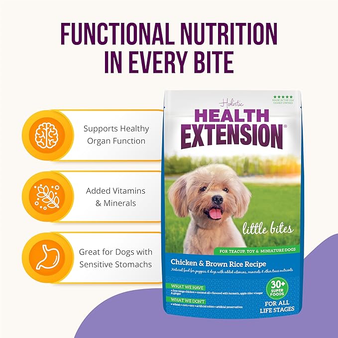 Health Extension Little Bites Dry Dog Food for Toy and Small Breeds, Chicken & Brown Rice Recipe, with Probiotics & Superfoods for Digestion & Coat Health, 18 lb Bag (Pack of 1)