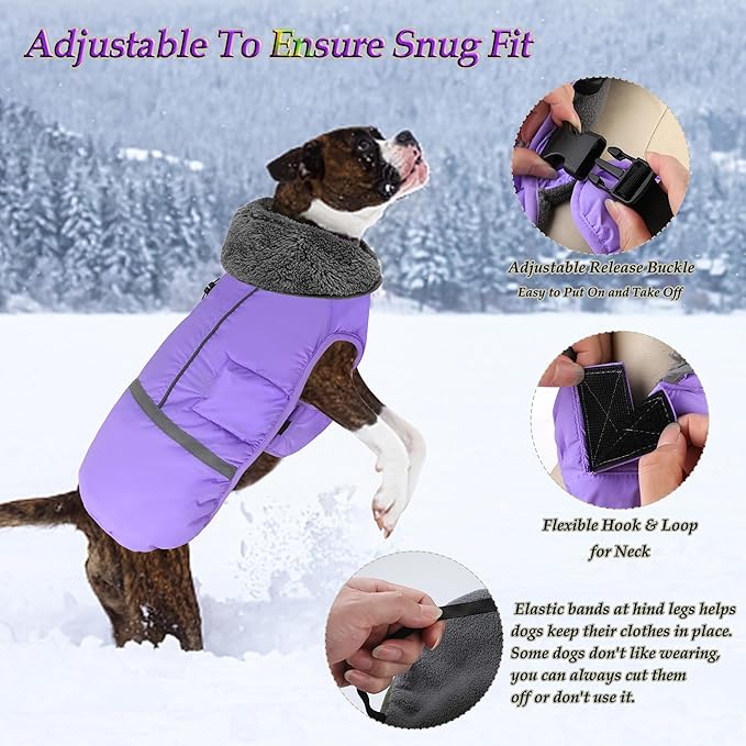 Dogcheer Warm Dog Coat, Waterproof Dog Jacket Christmas Puppy Winter Coat with Buckle, Reflective Adjustable Pet Snow Jacket Fleece Sweater for Small Medium Large Dogs - Taro Purple S