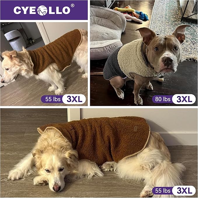 cyeollo Warm Dog Coat Sherpa Winter Coat, Reversible Fleece Dog Jackets Sweater Vest for Large Dogs Male with Leash Hole, Soft Cold Weather Pet Clothes, Khaki XXXL