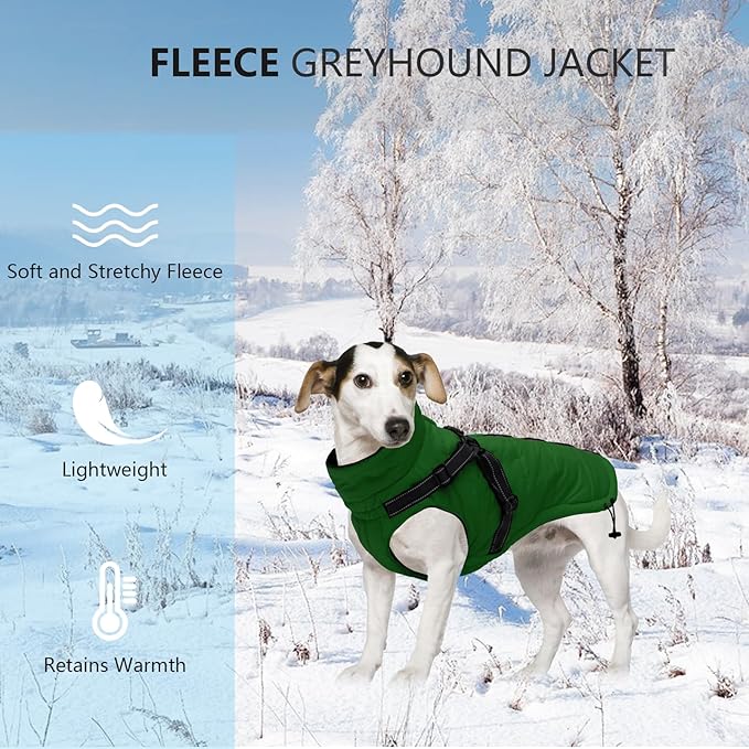 Geyecete Winter Warm Coat Waterproof Dog Jacket with Harness Traction Belt, Pet Outdoor Jacket - Green, XXL