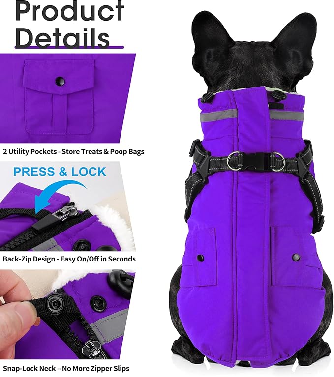 Dogcheer Dog Coat with Harness, Waterproof Warm Dog Winter Jacket with Pockets, Reflective Pet Fleece Jacket Turtleneck Snowsuit for Small Medium Large Dogs - Purple, XS