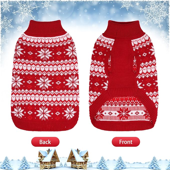 KOOLTAIL Cable Knit Small Dog Sweater Turtleneck, Cold Weather Pullover Classic Knitwear with Leash Hole, Snowflake Pattern Thick Warm Winter Pet Clothes, Medium Dog Christmas Sweater, Red S