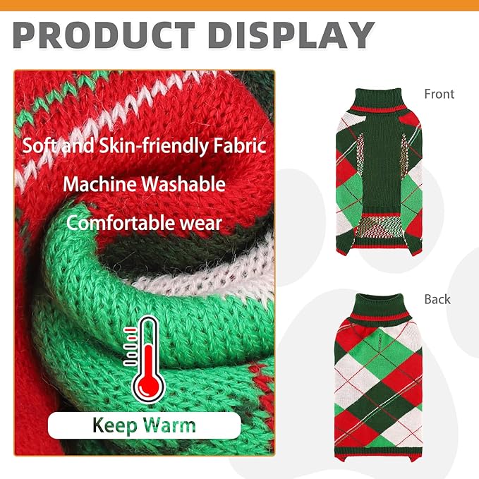 KOOLTAIL Dog Christmas Sweater Pet Knitted Clothes - Classic Plaid Pull Over Turtleneck Dog Sweaters with Leash Hole Warm Dogs Winter Clothing for Small Medium Dogs Cats Puppy Boy Girl Red & Green M