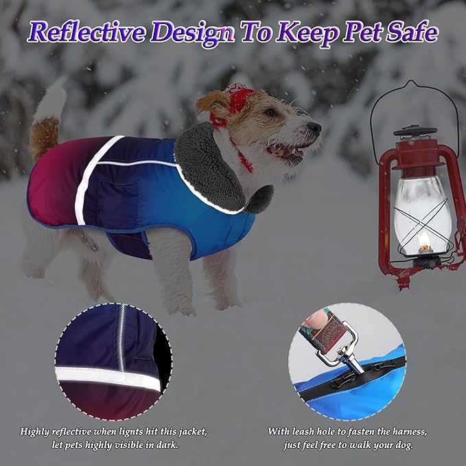 Dogcheer Warm Dog Coat, Waterproof Dog Winter Jacket Christmas Puppy Cold Weather Coats with Buckle, Reflective Adjustable Pet Snow Jacket for Small Medium Large Dogs - Gradient Blue-red, S