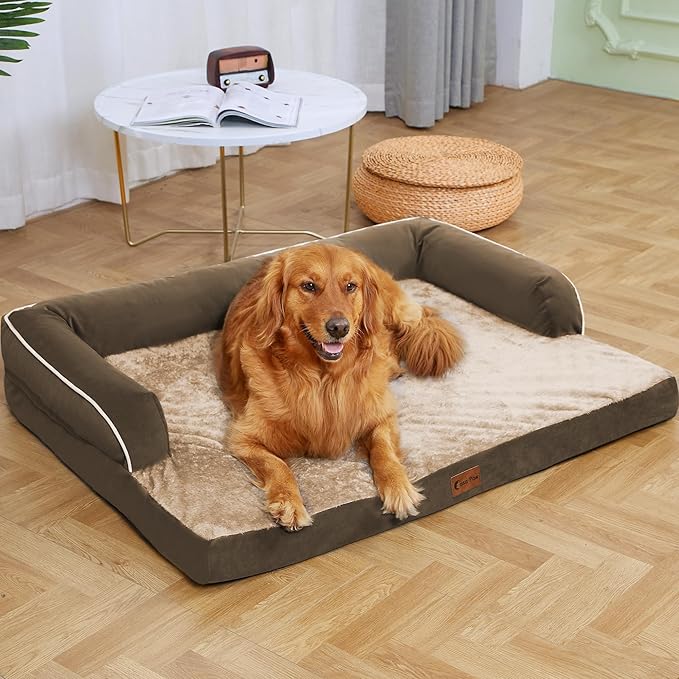 Orthopedic Dog Beds for Extra Large Dogs, Waterproof Egg Crate Foam XL Dog Bed with Sides 45 * 35Inch, Big Dogs Couch Beds with Removable Washable Cover and Nonskid Bottom, Brown