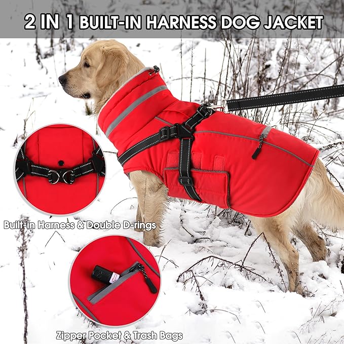 PETDSH Dog Coat Large, Built-in Harness Dog Jacket with Warm Fleece Lining, Waterproof Reflective Dogs Winter Coat, Pet Coats with Pocket and Trash Bags (Red, XXX-Large)