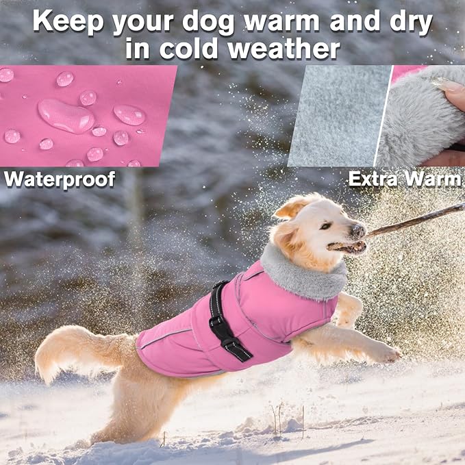 Lelepet Warm Dog Coats for Large Dogs Waterproof Dog Winter Jacket Reflective Pet Fleece Vest Windproof Cold Weather Coats with Adjustable Buckle & Leash Hole, Pink, XL