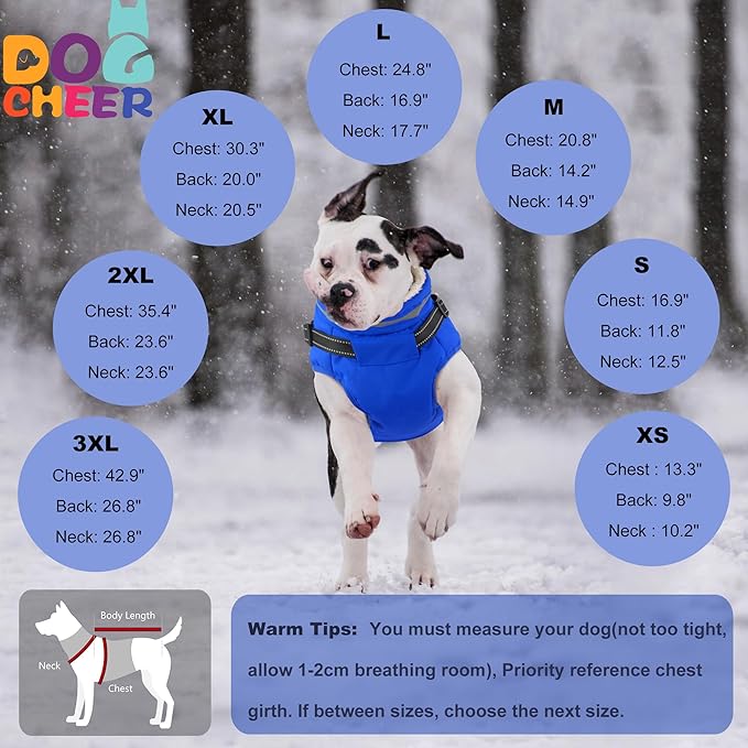 Dogcheer Dog Coat with Harness, Waterproof Warm Dog Winter Jacket with Pockets, Reflective Pet Fleece Jacket Turtleneck Snowsuit for Small Medium Large Dogs - Blue, XS