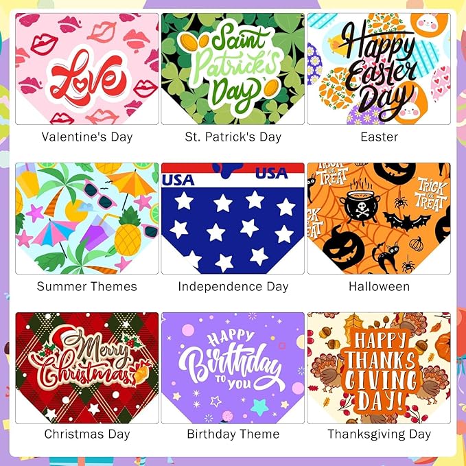SCENEREAL Holiday Dog Bandanas 9 Pack,Halloween Christmas Thanksgiving Day Dog Bandanas Bulk Set for Party, Puppy Scarf Pet Costume Birthday Supplier for Small Medium Large Dogs Boy Girl