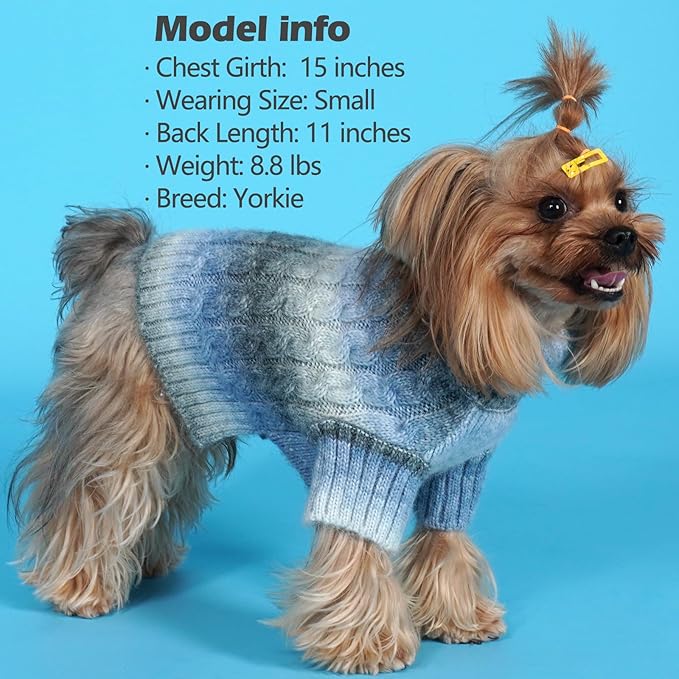 KYEESE Dog Sweater for Small Dogs Thick Cable Knit Dog Turtleneck Knitwear Warm with Sleeves Puppy Sweater Fuzzy, Blue, Small