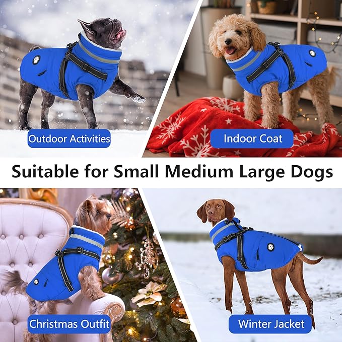 Dogcheer Dog Coat, Waterproof Dog Winter Jacket with Harness, Reflective Adjustable Doggy Cold Weather Coats, Christmas Pet Fleece Snowsuit for Small Medium Large Dogs - Blue, XL