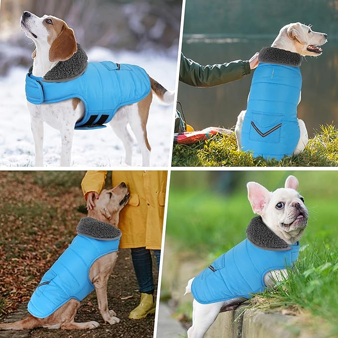 Dog Coat, Waterproof Dog Winter Jacket with Pocket, Reflective Adjustable Pet Snow Vest, Warm Cozy Fleece Sweater for Small Medium Extra Large Dogs - Sky Blue, XL