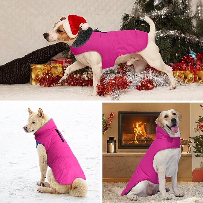 Dog Winter Coat, Waterproof Dog Jacket with Leash Hole, Reflective Adjustable Pet Snow Vest, Warm Fleece Sweater for Small Medium Large Dogs - Pink, L