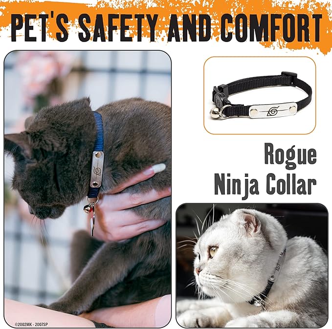 Naruto Breakaway Cat Collars for Girl & Boy Cats | Officially Licensed Naruto Shippuden Hidden Leaf Village Pet Accessories & Gifts, (8.5” to12”) Adjustable Cute Kitten Collar with Bell (Red, Rogue)