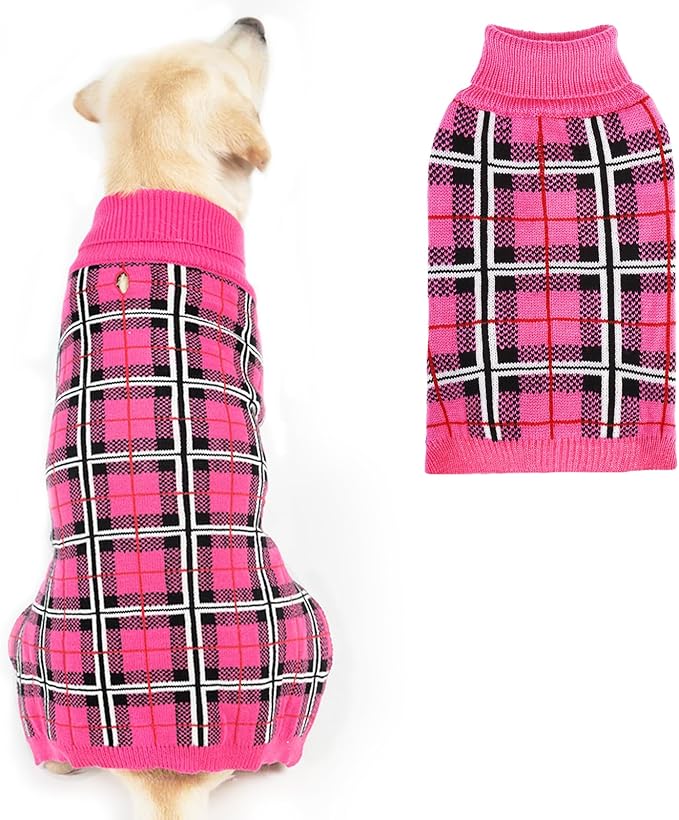 PUPTECK Dog Sweaters for Large Medium Small Dogs - Fall Classic Plaid Style Puppy Holiday Winter Coat Clothes Warm, Fuschia, XL