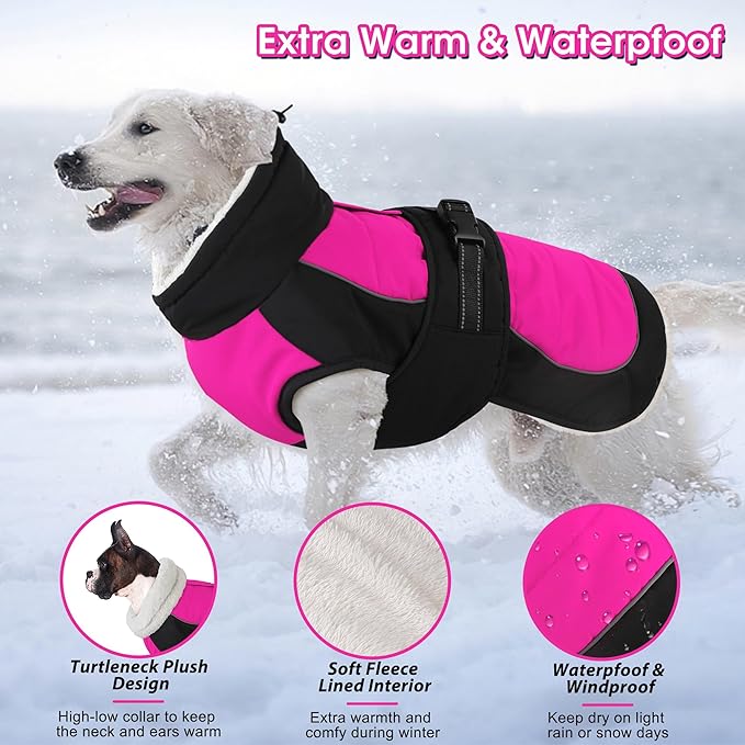 Dogcheer Waterproof Dog Coat, Christmas Dog Winter Jacket, Adjustable Puppy Fleece Coat for Cold Weather, Reflective Turtleneck Snow Jacket for Small Medium Large Dogs - Pink, L