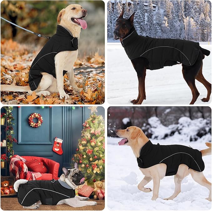 HEYWEAN Dog Winter Coat - Waterproof Windproof Reflective Vest for Medium & Large Breeds Adjustable Warm FleeceLined Jacket with Magic Tape & D-Ring for Leash Cold Weather Apparel (Black, Large)