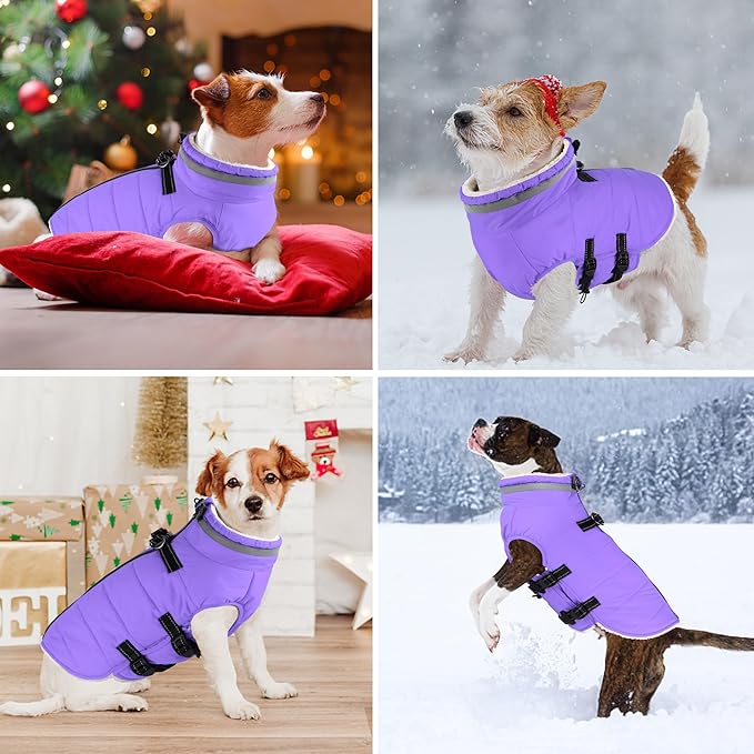Dogcheer Dog Coat with Harness, Waterproof Dog Jacket Adjustable Winter Coat with Zipper, Christmas Puppy Snow Jacket Fleece Sweater for Small Medium Large Dogs - Taro Purple S