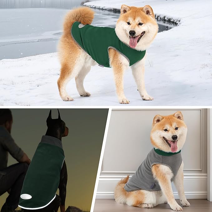 cyeollo 2 Pack Fleece Dog Sweater Sweatshirt with Reflective Stripe Pullover Lightweight Sweater Pet Clothes Dog Coats for Small Dogs Size M Green & Grey