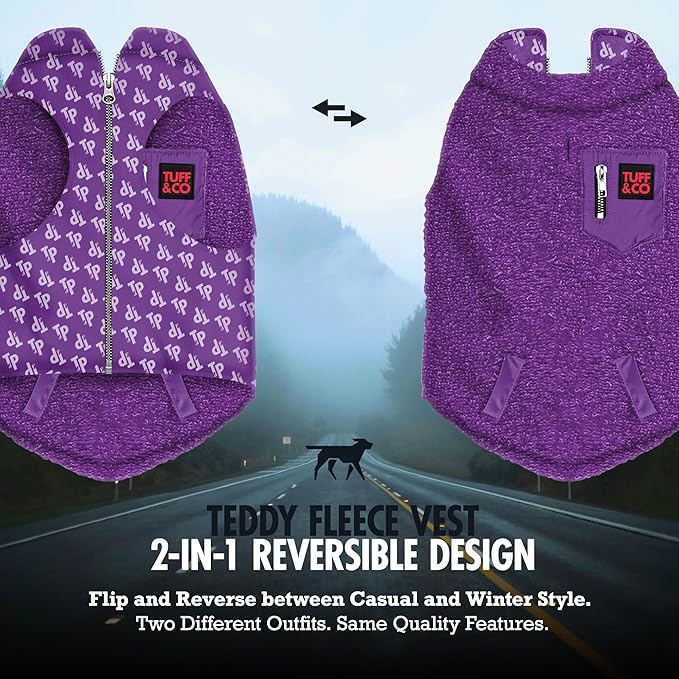 Tuff Pupper Reversible Fleece Sweater Vest for Dogs | Lightweight Comfortable Insulated Jacket | Front Zip Closure | Machine Washable | Built-in Leash Hole | Sizes for All Breeds (Medium, Purple)