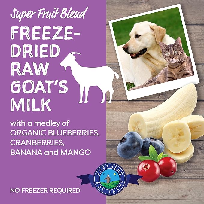 Shepherd Boy Farms Freeze Dried Raw Goats Milk with Probiotics for Dogs & Cats (Super Fruits), Organic USA Fruits, Digestible Goat Milk Powder, Raw Nutrition, High Protein Food Topper - Makes 16 FL Oz