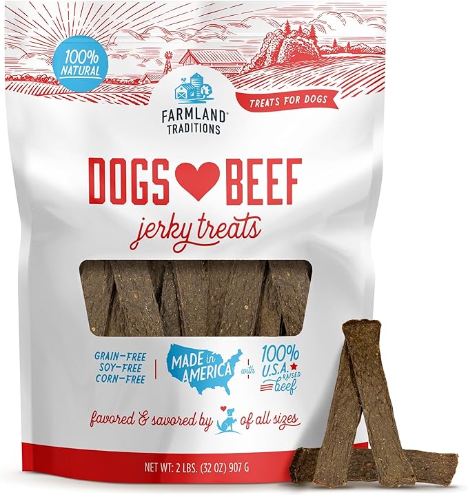 Farmland Traditions Dogs Love Beef Jerky Dog Treats, All Natural, Grain-Free, High Protein Training Treats, 2 Pound Bag
