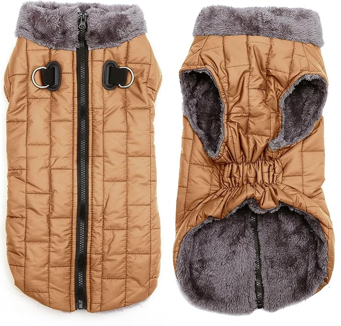 Warm Fleece Dog Coats with Durable Harness Buitl in D-Ring,Waterproof Puppy Jacket for Small Dogs,Dog Vest for Cold Winter,Burnished Khaki M