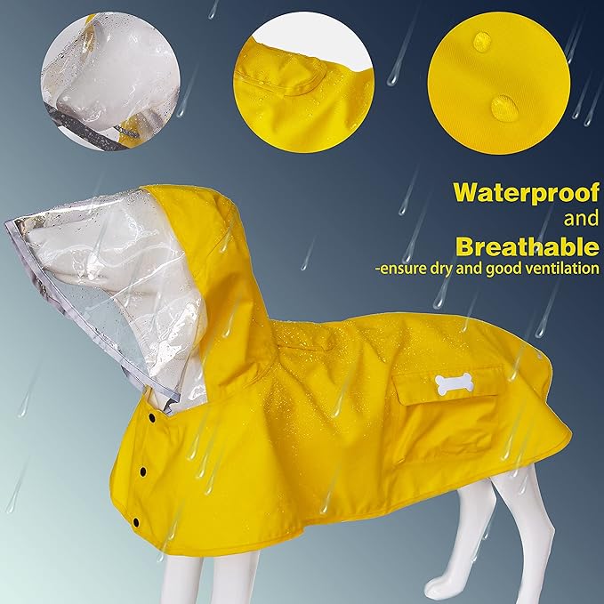 Waterproof Dog Raincoat, Adjustable Reflective Lightweight Pet Rain Clothes with Poncho Hood (4X-Large, Yellow)