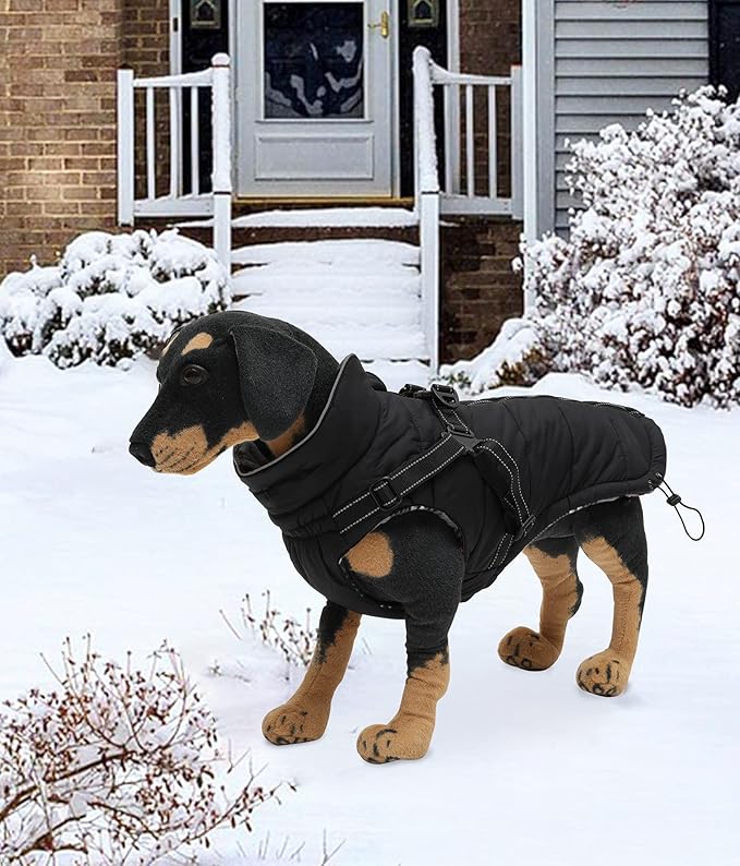 Geyecete Winter Warm Coat Waterproof Dog Winter Jacket with Harness Traction Belt,Pet Outdoor Jacket Dog Autumn and Winter Clothes for Medium, Small Dog-Black-XS