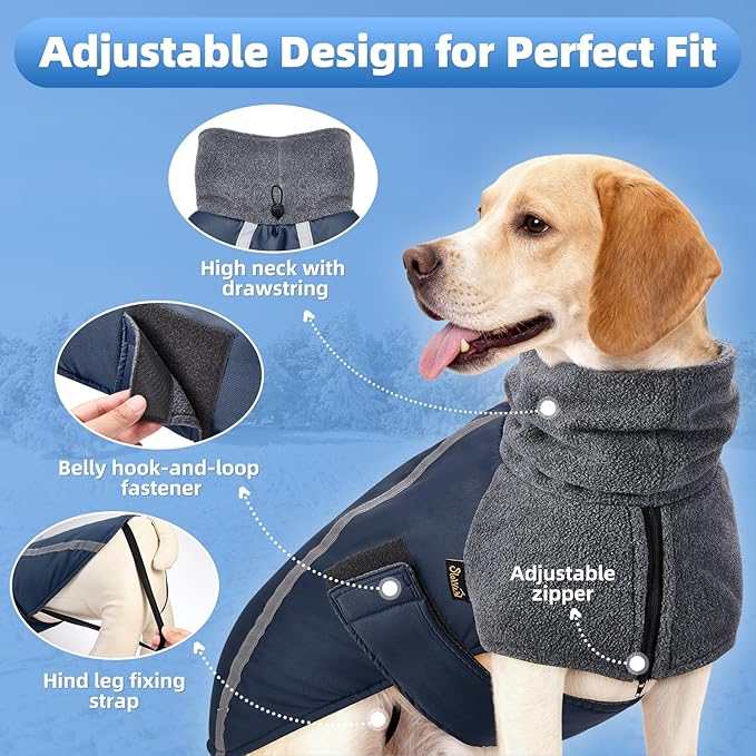 SlowTon Winter Dog Coat, Warm Polar Fleece Lining Doggie Outdoor Jacket with Turtleneck Scarf Reflective Stripe Adjustable Waterproof Windproof Puppy Vest Soft Pet Outfits (M+,Dark Blue)