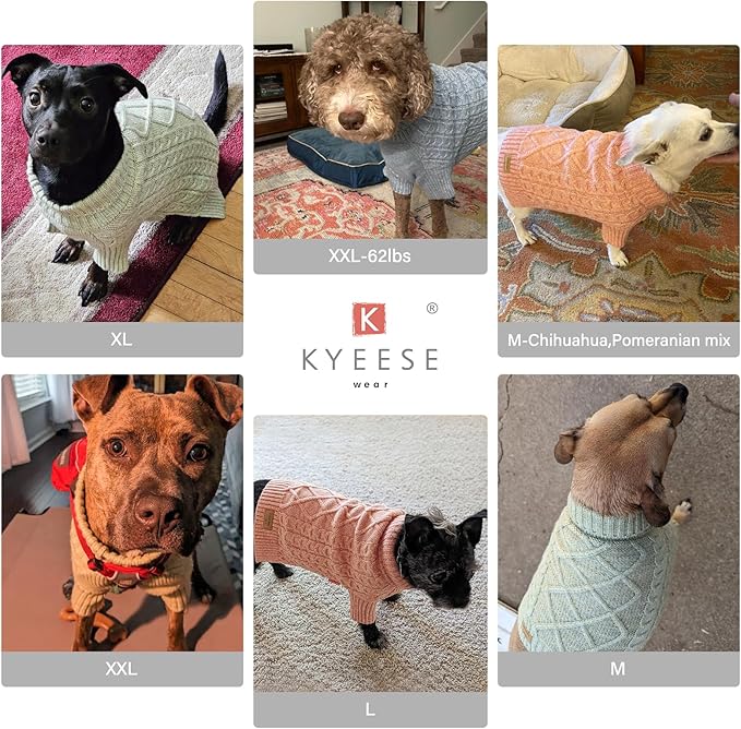KYEESE Dog Sweater Warm Pet Coats with Long Sleeve, Turtleneck Dog Sweater for Small Medium Dogs with Classic Cable Knit, Stretchy Dogs Clothes for Cold Weather, Green, X-Large
