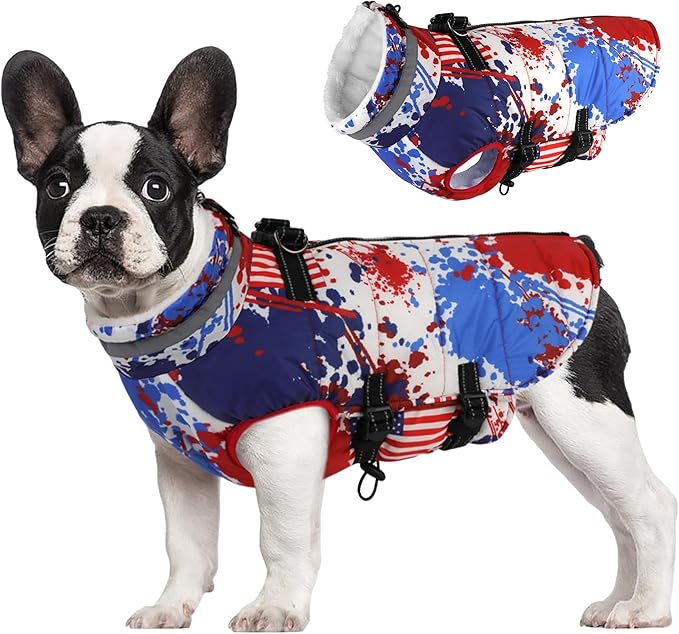 Large Dog Coat with Harness Built-in, Waterproof Reflective Fleece Lined - Warm Windproof Winter Jacket with Back Zipper, Cold Weather Snow Dog Coats - American Flag - 2XL