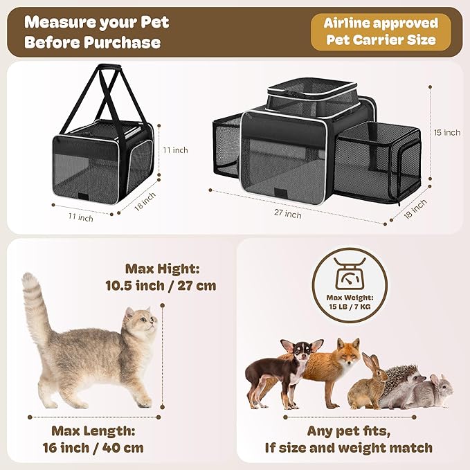 Top and 2 Sides Expandable Cat Carrier 17x11x11, TSA Airline Approved Dog Carriers for Medium Dogs, Soft-Sided Pet Carrier with Self-Locking Zippers for Kitten,Rabbit, Puppy, Guinea Pig Black White