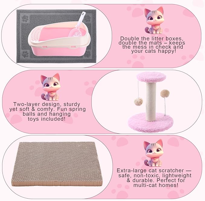 Eccliy 35 Pcs Kitten Starter Kit for 2 Indoor Kittens Essentials Including Carriers, Litter Boxes, Mats, Collars, Beds, Scratch Pad, Bowls, Toys Accessories Cat Welcome Gift Foster Adopt Supplies