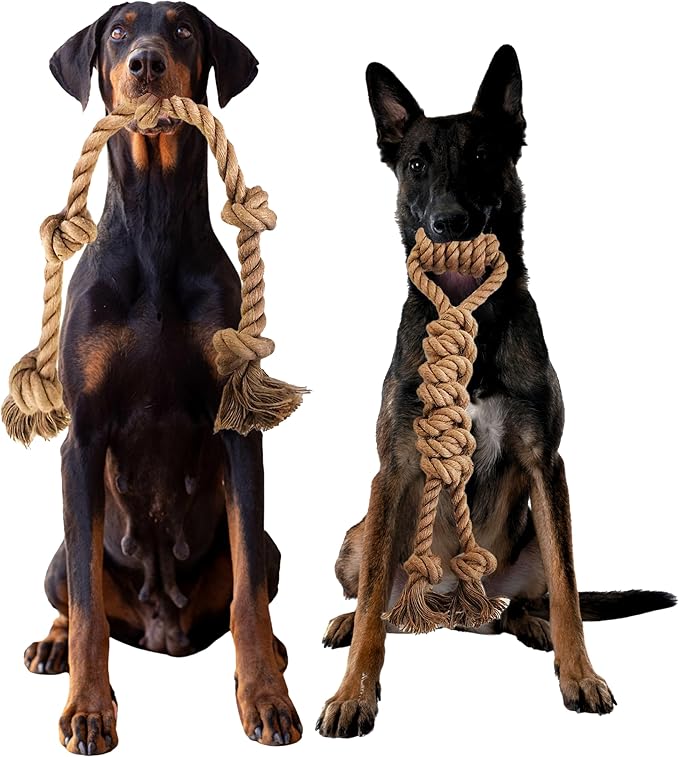 Pure Natural Hemp Rope Dog Toys, Aggressive Chewers, Indestructible, Unbreakable, Sturdy and Chemical Free Toys, Tug of War Pull Rope-Set of 2