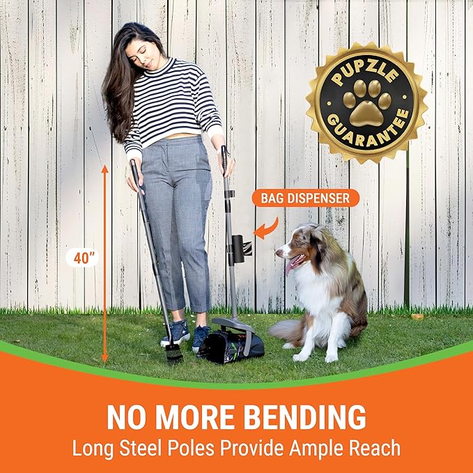 Pupzle Dog Pooper Scooper with Bag Attachment, 40" Long Handle Pooper Scooper for Large Dogs, Dog Poop Scoop for Yard, Large Capacity Swivel Bin and Rake, Lavender Scented Bags (Grey)