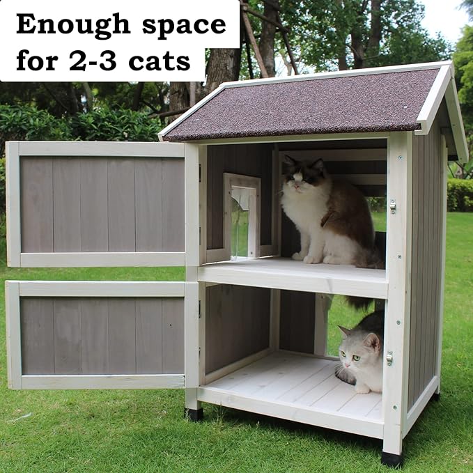 Rockever Outdoor Cat House, Large Outdoor Houses for Feral Cats Wooden Outside Cat Shelter Weatherproof with Escape Door