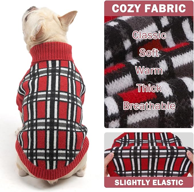 SCENEREAL Turtleneck Dog Sweater for Small Medium Large Dogs Girls Boys, Christmas Plaid Pullover Puppy Sweatershirt, Dogs Cold Weather Outfit Clothes, Ideal Gift for Pet in New Year, Red Plaid XS